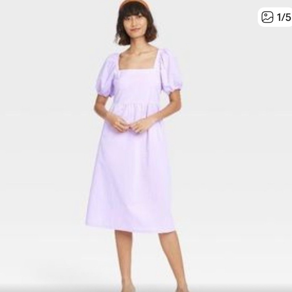 Purple XL NWOT Square-Neck Puff-Sleeve Midi Dress